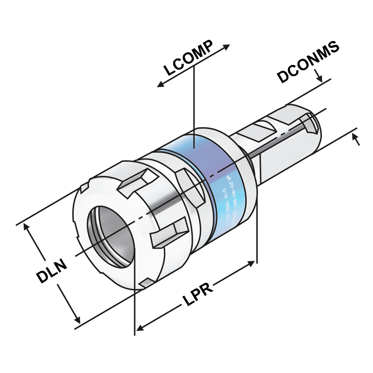 Technische Zeichnung Gewindeschneidfutter Synchro Ø 25 - M3-M20 (ER25) von Kemmler