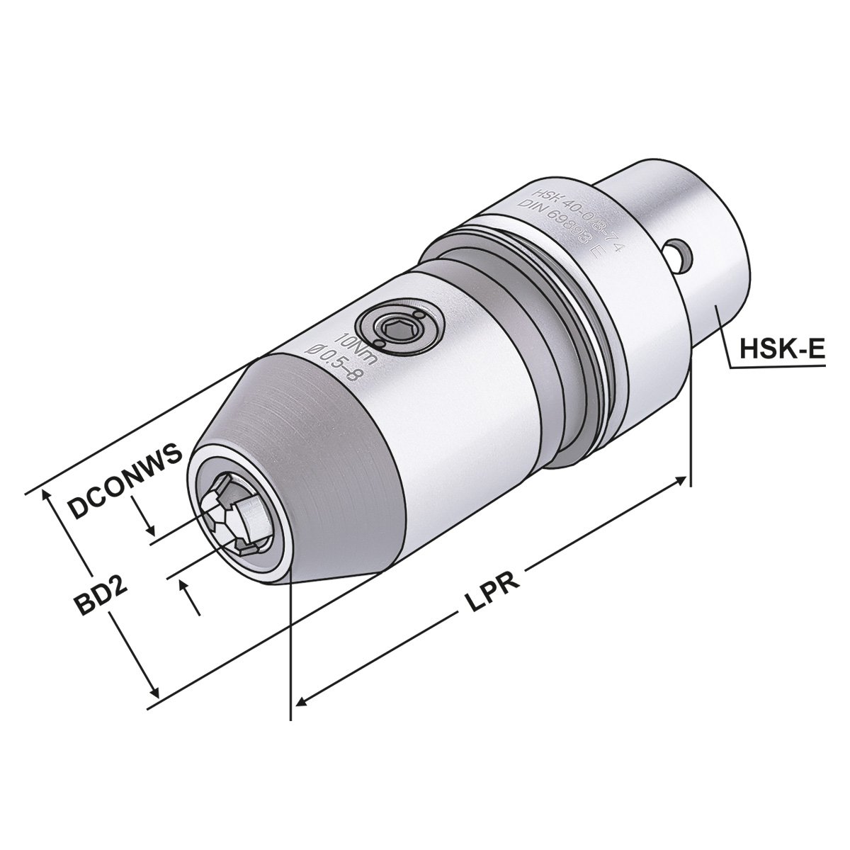 Technische Zeichnung CNC-Bohrfutter HSK 40-0,5/8-85 DIN 69893-E von Kemmler