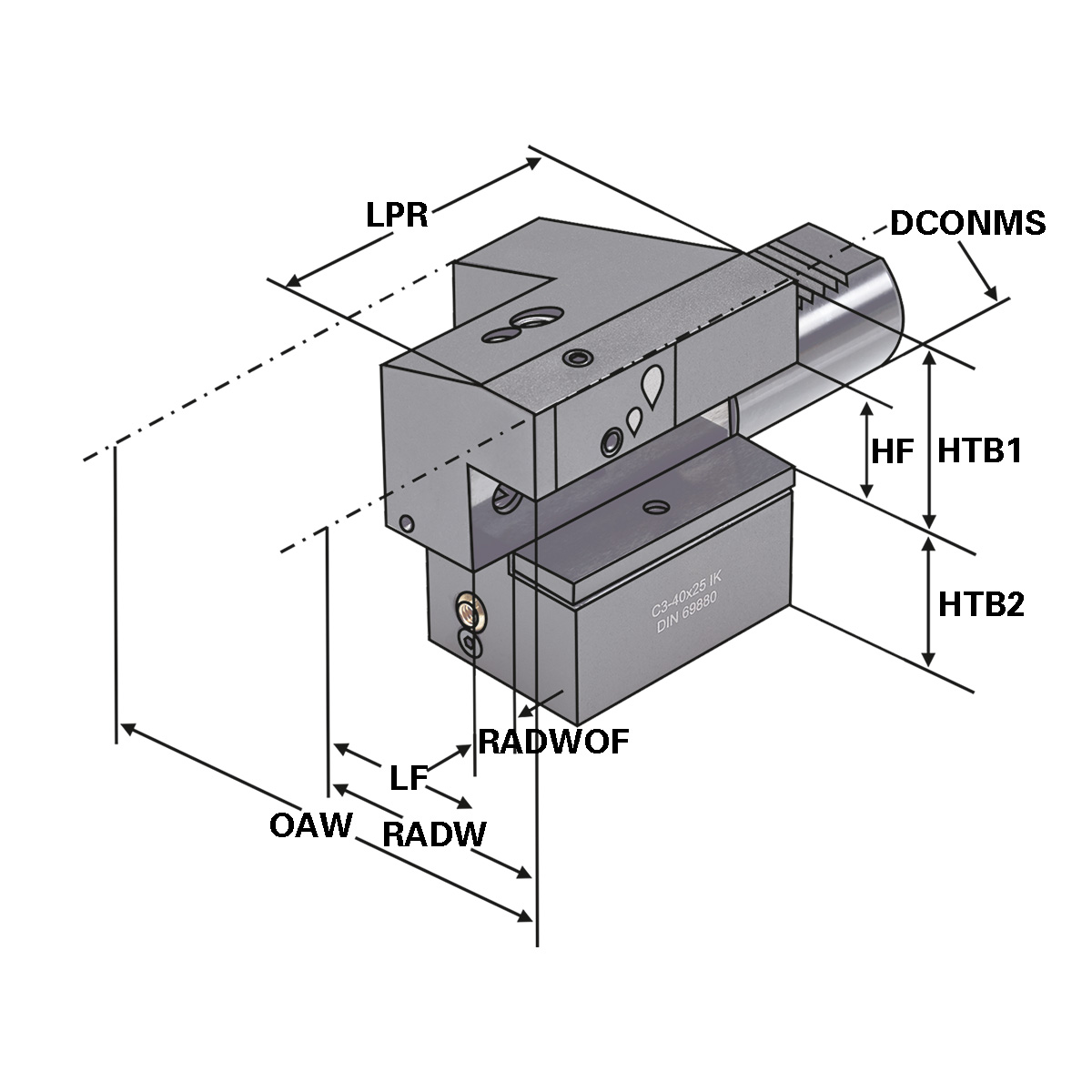 Technische Zeichnung Axial-Werkzeughalter C3-40x25 von Kemmler