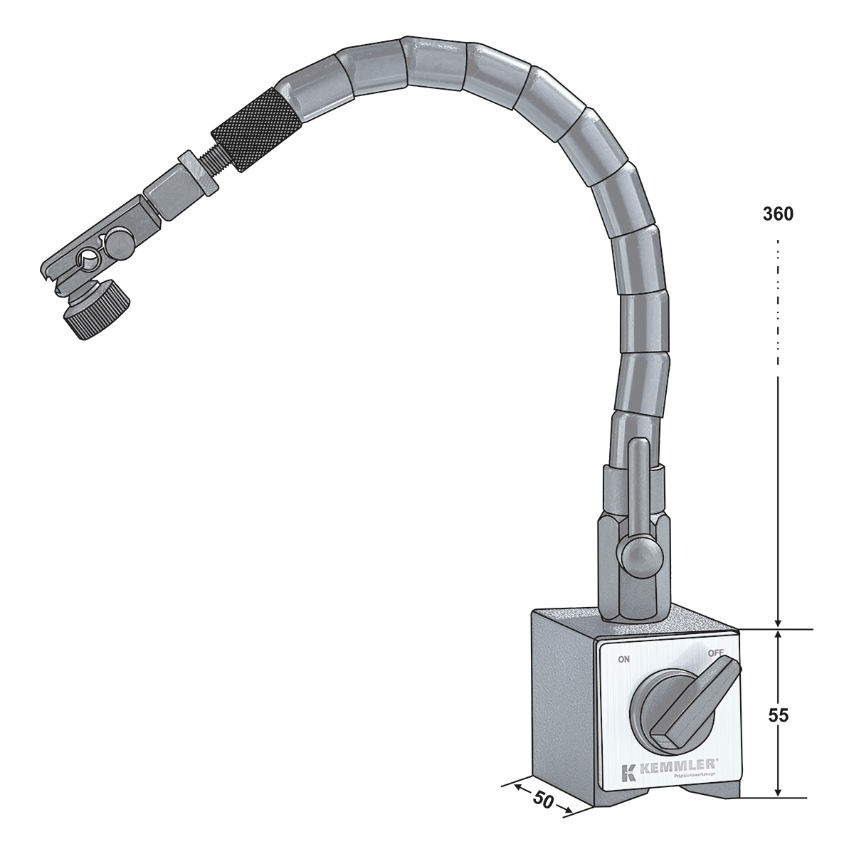 Technische Zeichnung Magnet-Messstativ mit flexiblem von Kemmler