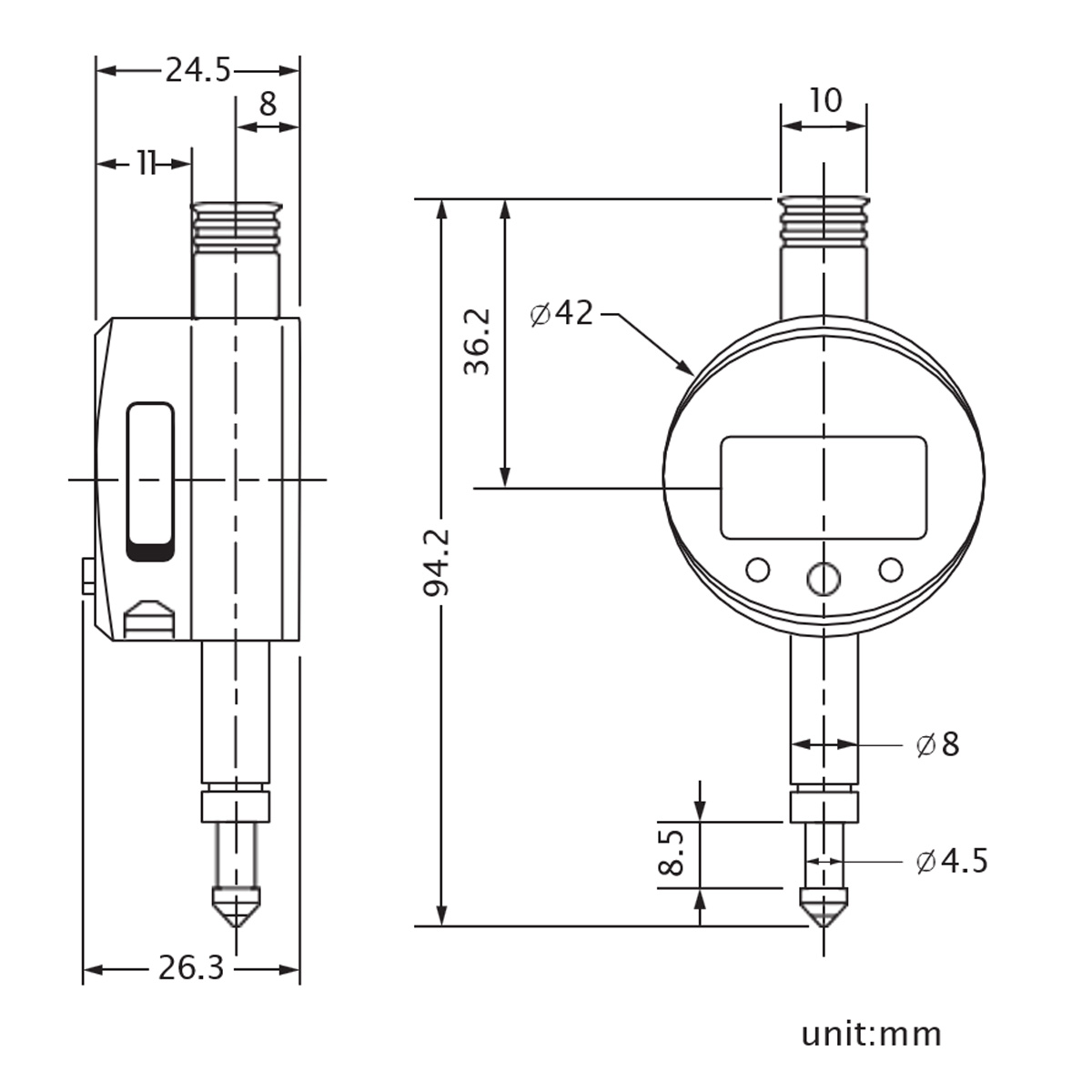 Technische Zeichnung Digitale Messuhr 0-5mm | 0,01mm von Kemmler