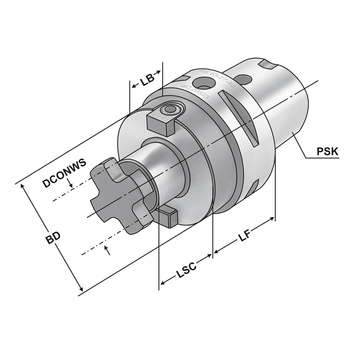 Technische Zeichnung Quernut-Aufsteckfräserdorn PSK 63-32-40 ISO 26623 von Kemmler