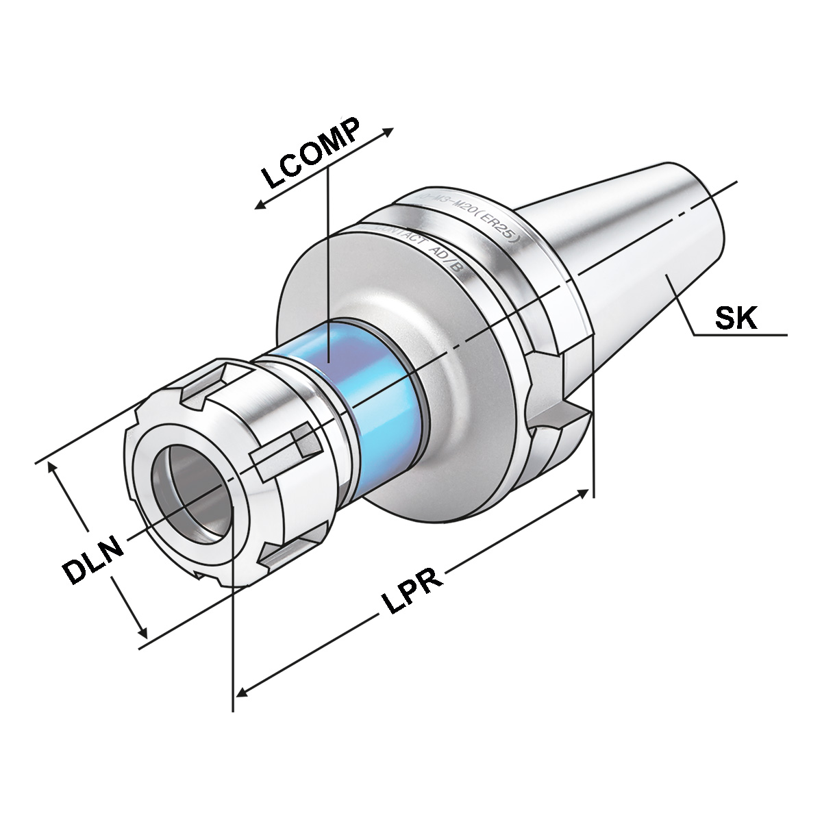 Technische Zeichnung Gewindeschneidfutter Synchro BT40 - M3-M27 (ER32) von Kemmler