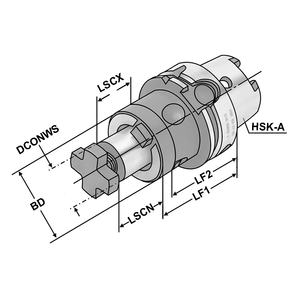 Technische Zeichnung Kombi-Aufsteckdorn HSK 100-27-160 DIN 69893-A von Kemmler