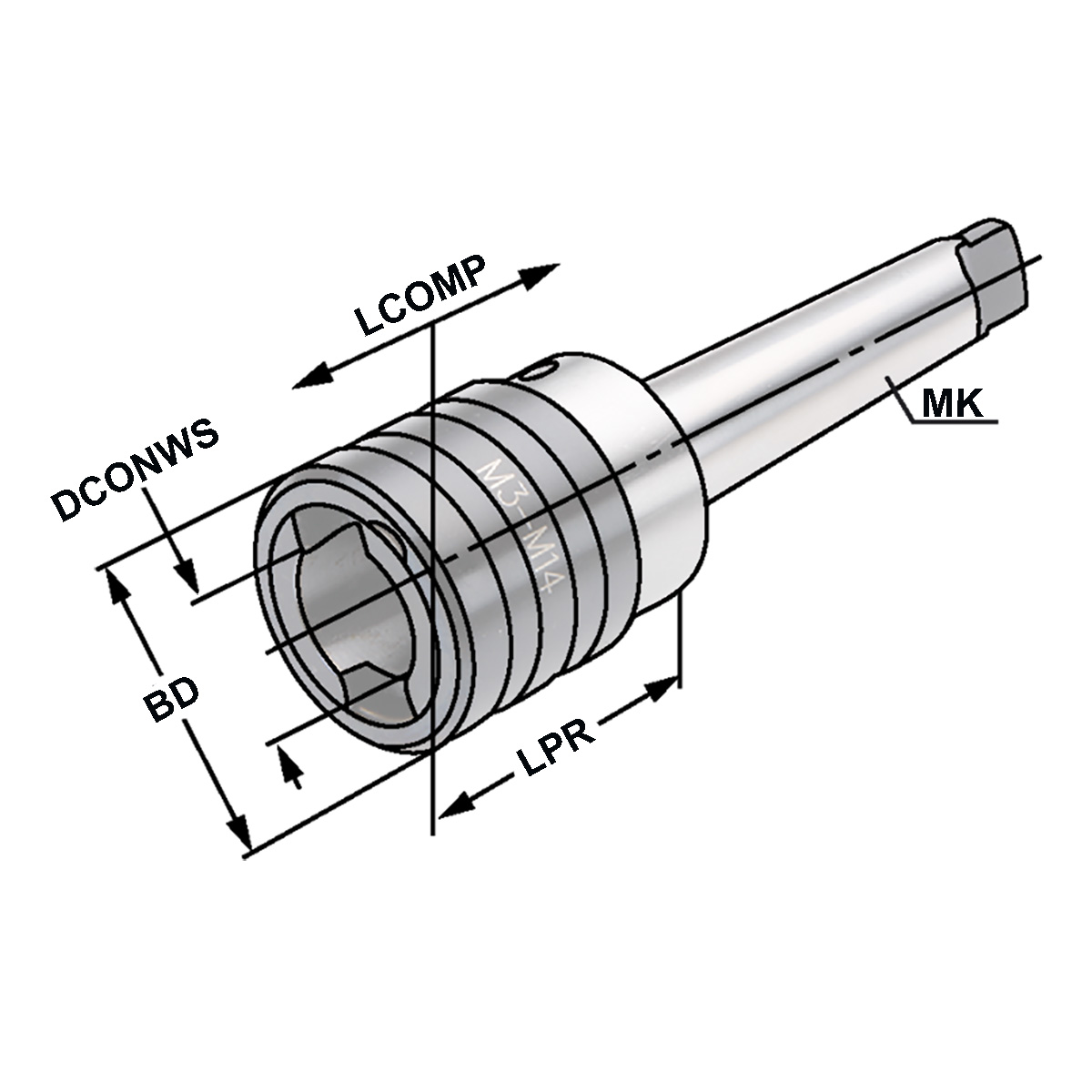 Technische Zeichnung Gewindeschneidfutter MK 3 - M5-M22 - Gr.2 von Kemmler