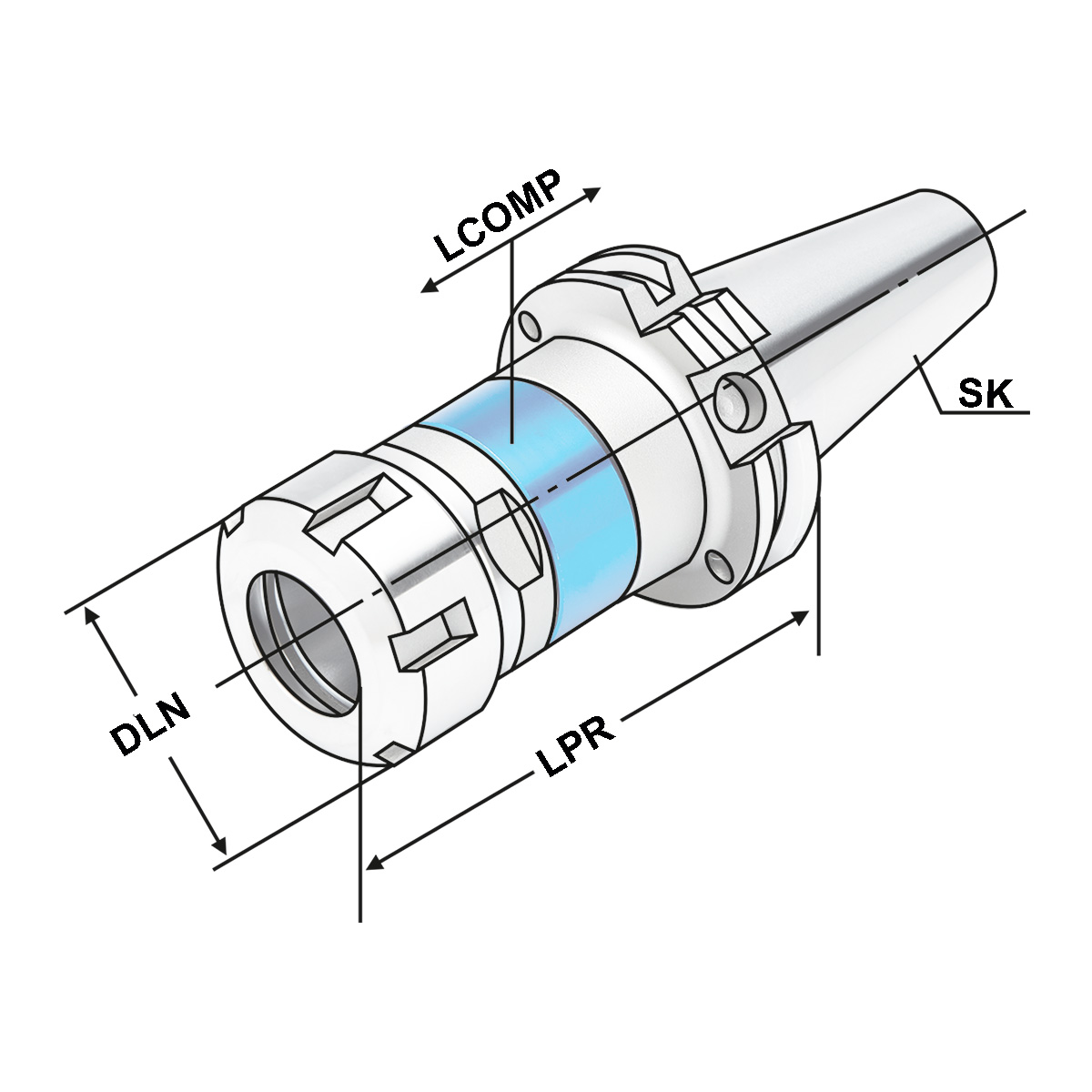 Technische Zeichnung Gewindeschneidfutter Synchro SK40 - M3-M20 (ER25) von Kemmler