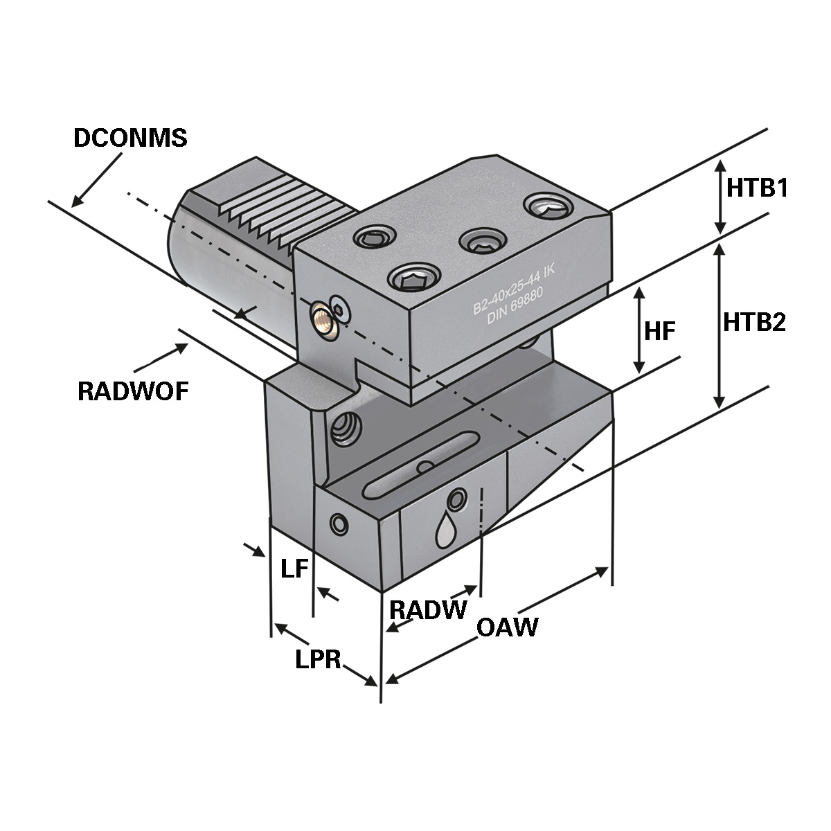 Technische Zeichnung Radial-Werkzeughalter B2-40x25-44 von Kemmler