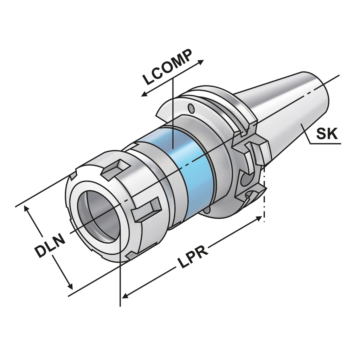 Technische Zeichnung Gewindeschneidf. Synch SK40 - M3-M20 ER25 SK-DC von Kemmler